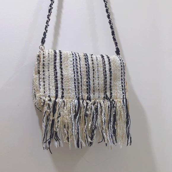 Zara Handbags - ZARA TRF Tweed Striped Fringe Fold Over Cross Body Bag Purse Cream Gold Black